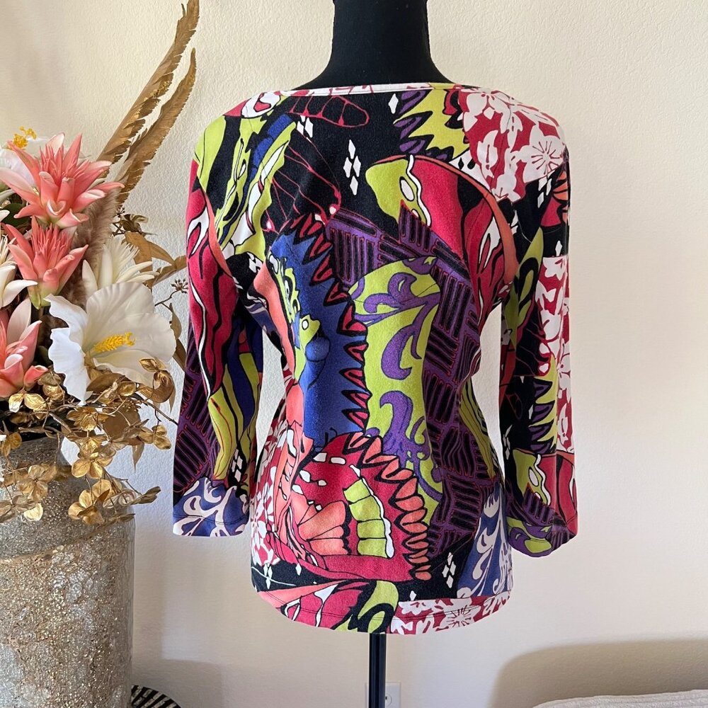 Vintage y2k Retro Colorful Abstract Stretchy V-neck Top with 3/4 Sleeves - Picture 2 of 9